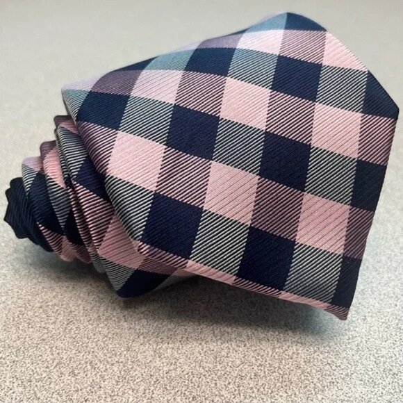 Tommy Hilfiger Men's Blue and Pink Plaid Tie 100% Silk - Picture 1 of 5
